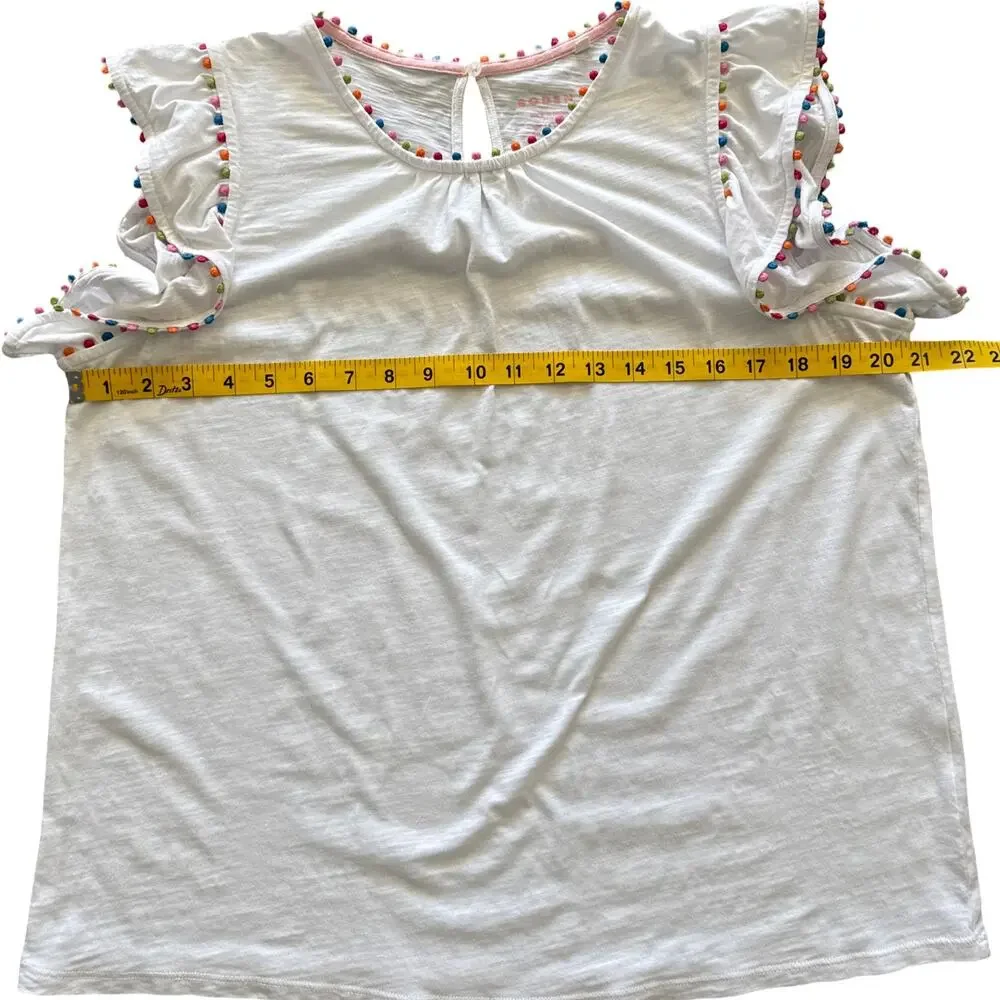 Boden White Pom Trim Ruffle Sleeve Cotton Top Size US 10 - Picture 8 of 9